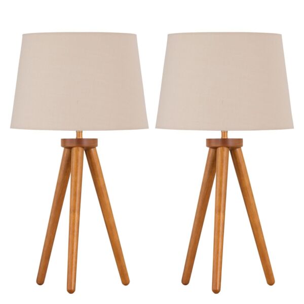 Set of 2 Dark Oak Table Lamp or Bedside Lights with Natural Shades