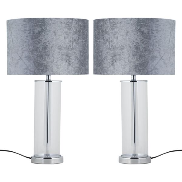 Set of 2 Aura - Chrome Table Lamps with Grey Crushed Velvet Shades