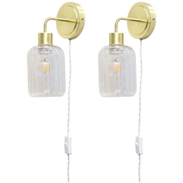 Set of 2 Toby - Satin Brass Plug in Wall Lights Ribbed Glass Shades