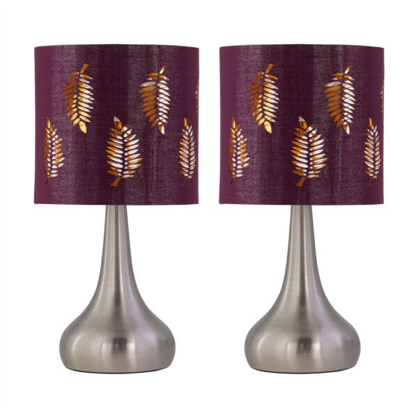 Set of 2 Romana - Brushed Chrome Touch Table Lamps with Burgundy Shade