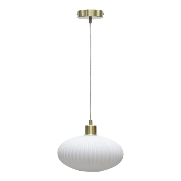 Baton - White Ribbed Oval Glass with Satin Brass Pendant Fitting