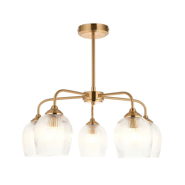 Endon Lighting - Ashcroft - 120619 - Aged Brass Clear Ribbed Glass 5 Light Ceiling Pendant Light