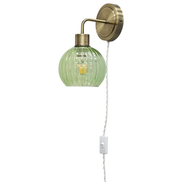 Toby - Antique Brass Plug in Wall Light with Betchley Green Shade