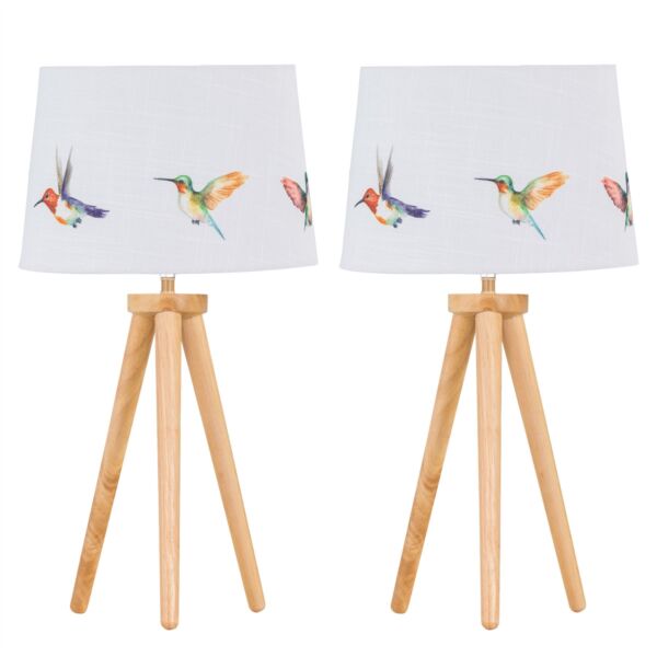 Set of 2 Light Oak Table Lamp or Bedside Lights with Hummingbird Shade