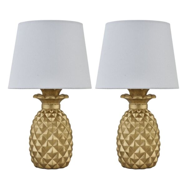 Set of 2 Pineapple - Gold Resin Table Lamps with White Fabric Shades