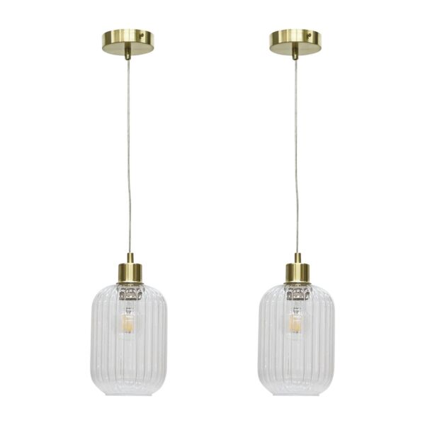 Set of 2 Batley - Clear Ribbed Glass with Satin Brass Pendant Fittings
