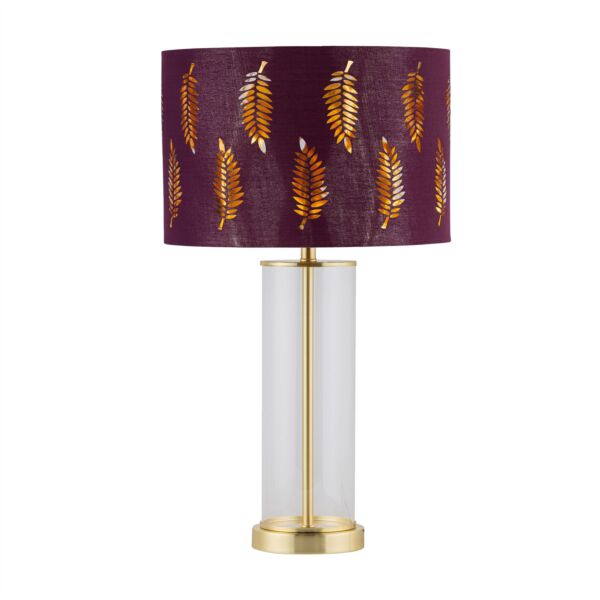 Aura - Satin Brass Table Lamp with Burgundy Fern Cut Out Shade