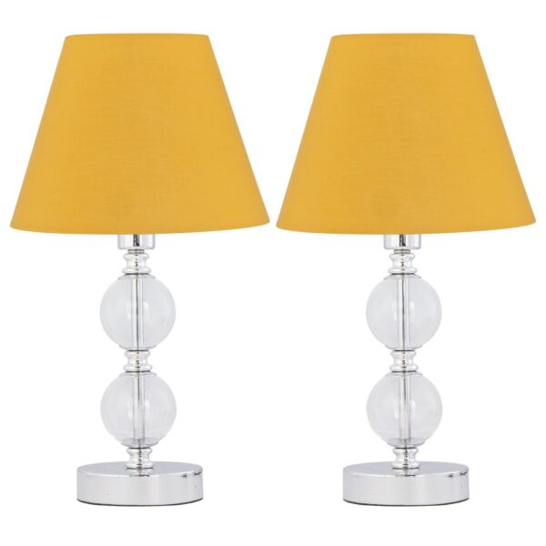 Set of 2 Chrome Two Ball Table Lamps with Ochre Yellow Shades