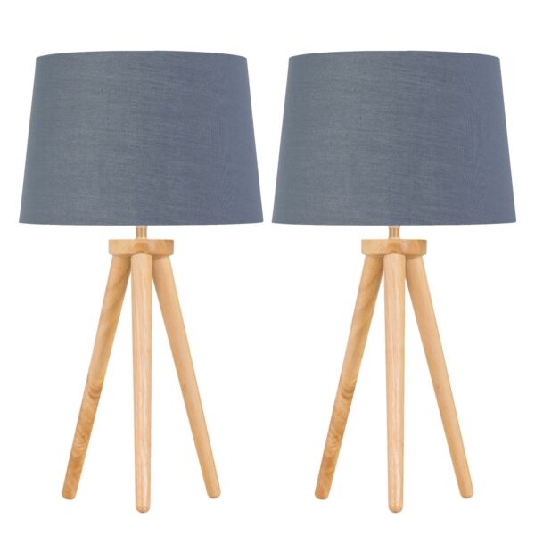 Set of 2 Light Oak Table Lamp or Bedside Lights with Grey Gold Shades