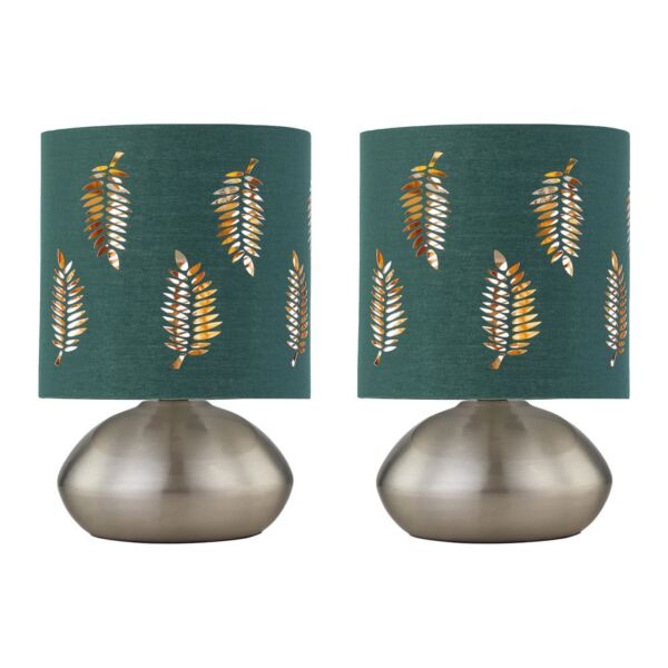 Set of 2 Jenson - Brushed Chrome Touch Table Lamps Green Fern Shade