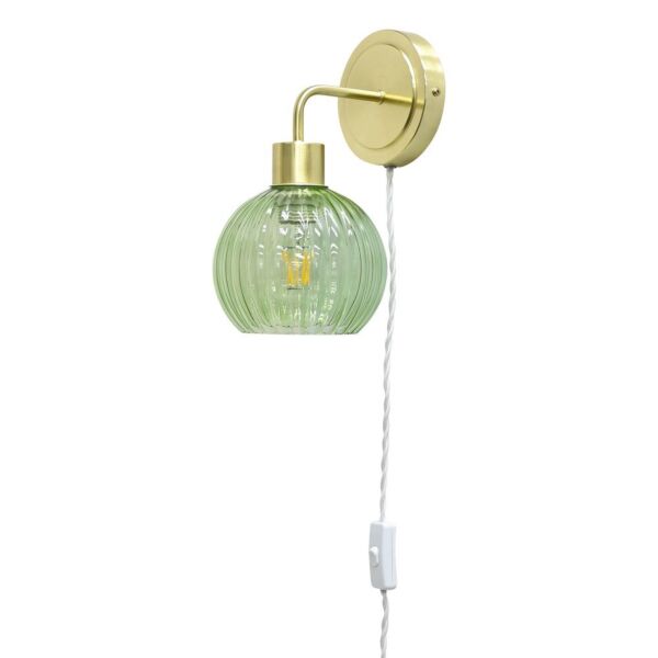 Toby - Satin Brass Plug in Wall Light with Betchley Green Ribbed Shade