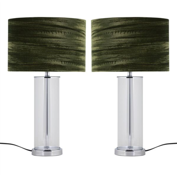 Set of 2 Aura - Chrome Table Lamps with Green Crushed Velvet Shades