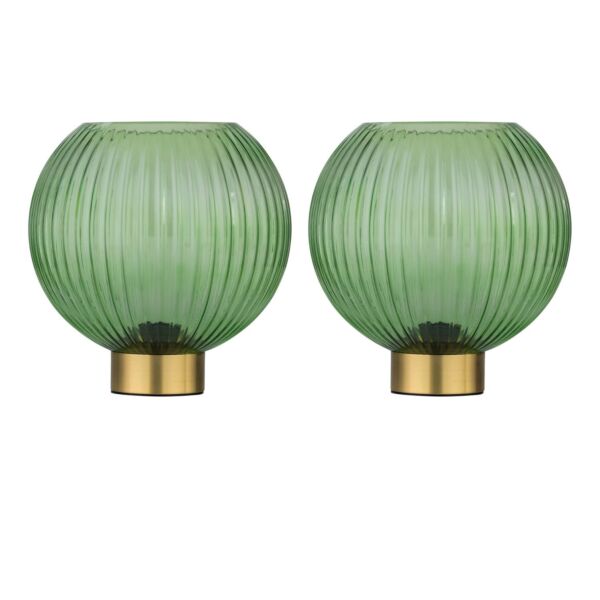 Set of 2 Betchley - Battery Operated Satin Brass Lamp with Green Glass