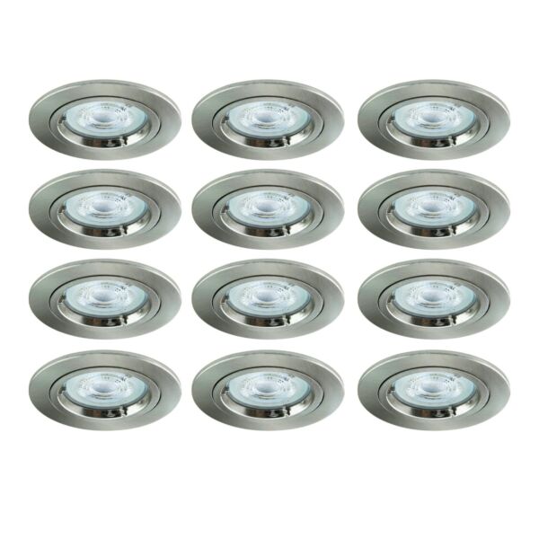 Set of 12 - Brushed Steel GU10 Fixed Recessed Downlights