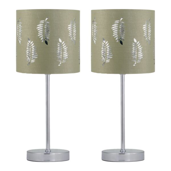 Set of 2 Chrome Touch Operated Table Lamps with Sage Green Fern Shades