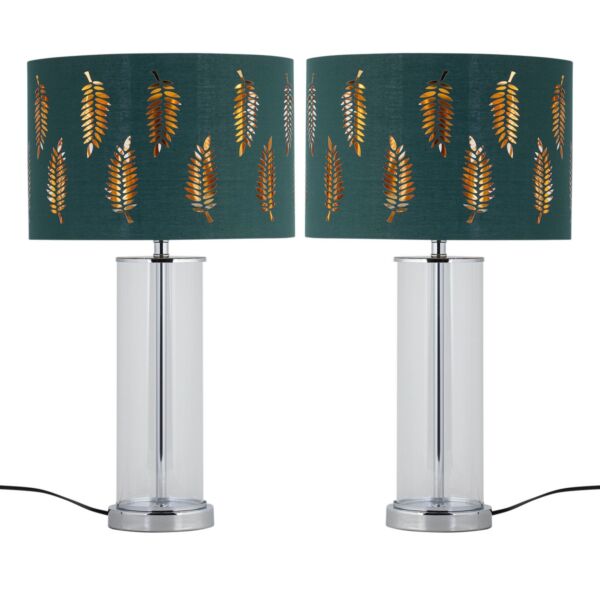 Set of 2 Aura - Chrome Table Lamps with Green Fern Cut Out Shades