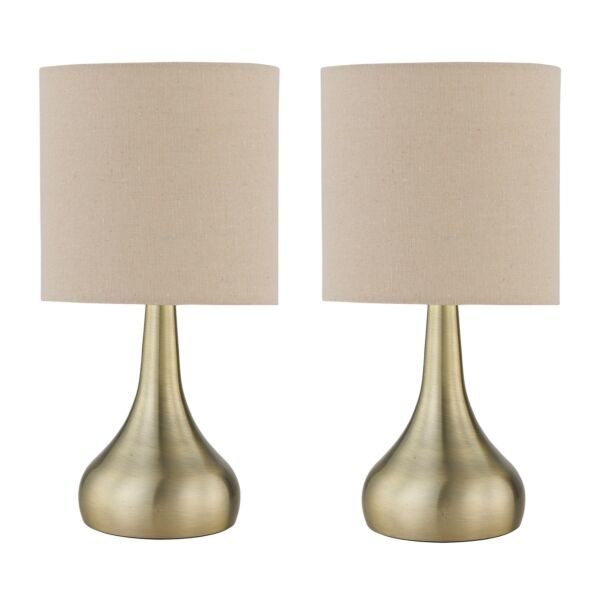 Set of 2 Romana - Antique Brass Touch Operated Table Lamp with Natural Linen Shades