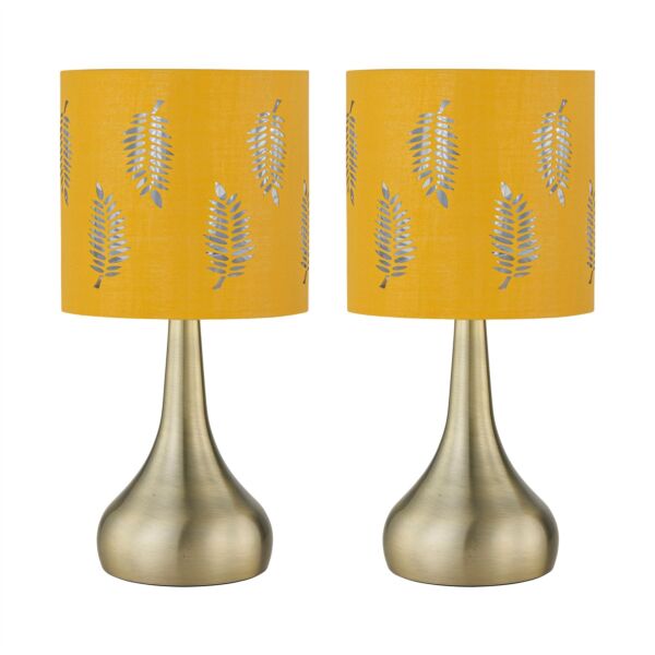 Set of 2 Romana - Antique Brass Touch Operated Table Lamps Bedside Lights Ochre Fern Shade