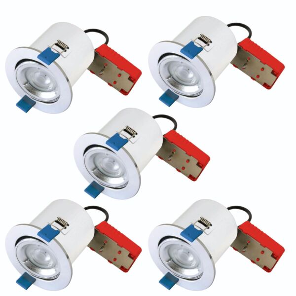 Set of 5 - Chrome Fire Rated Tilt Recessed Ceiling Downlights with Warm White LED Bulb
