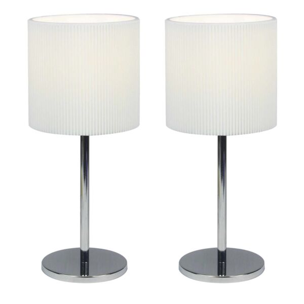 Set of 2 Chrome Stick Table Lamp with White Micropleat Shade