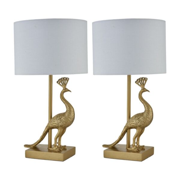Set of 2 Majestic - Gold Peacock Table Lamps with White Shades