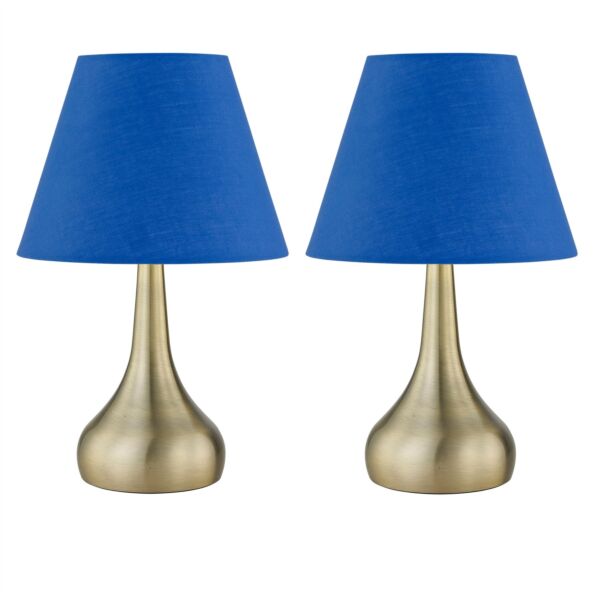 Set of 2 Romana - Antique Brass Touch Lamps with Royal Blue Shades