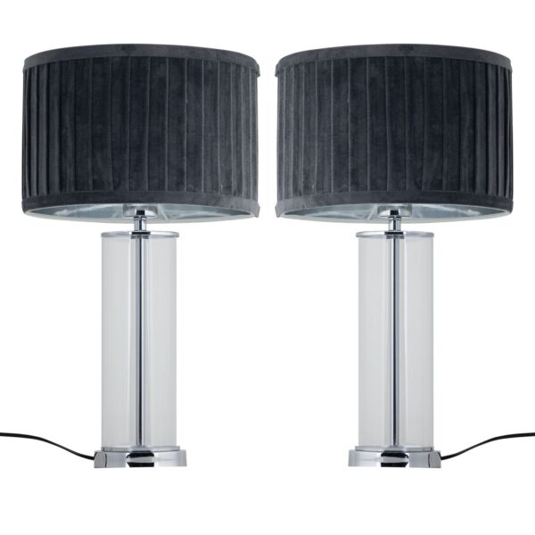 Set of 2 Aura - Chrome Table Lamps with Grey Pleated Velvet Shades