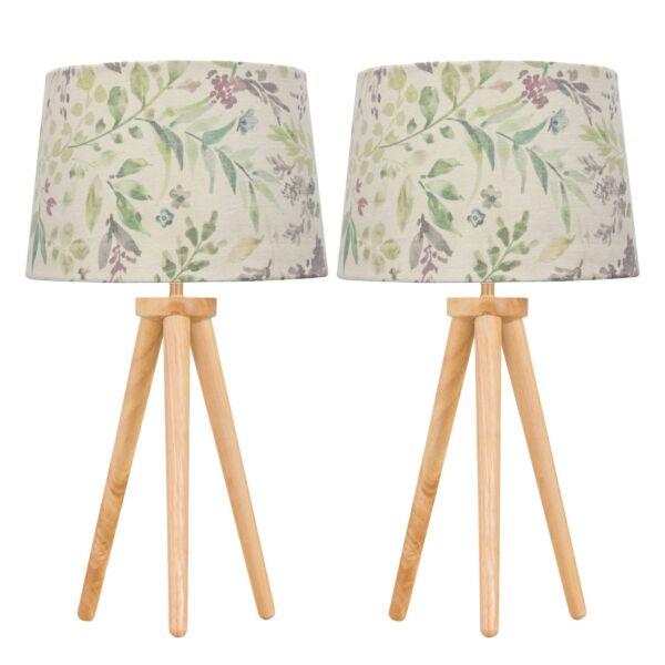 Set of 2 Light Oak Table Lamp or Bedside Lights with Floral Shades