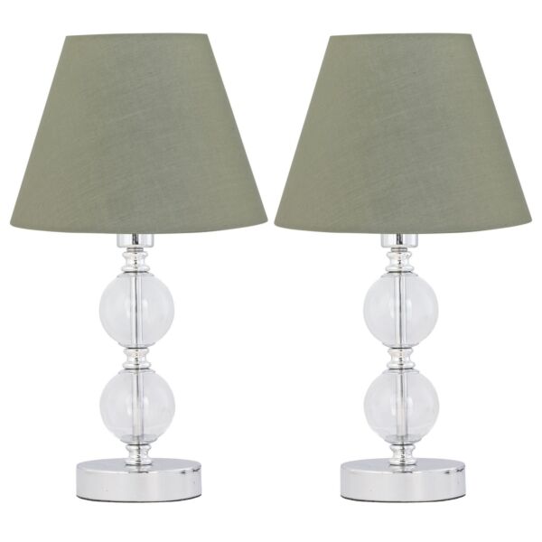 Set of 2 Chrome Two Ball Table Lamps with Sage Green Shades
