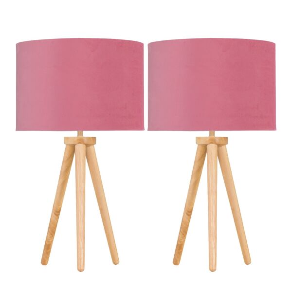 Set of 2 Light Oak Table Lamp or Bedside Lights with Flamingo Shades