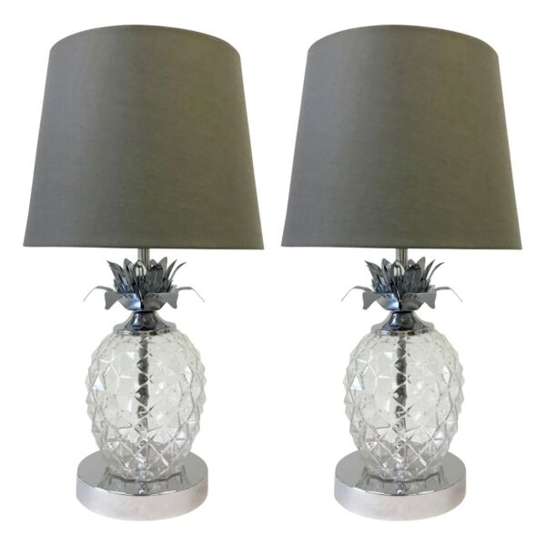 Pair of Chrome Pineapple Touch Lamps with Grey Shades