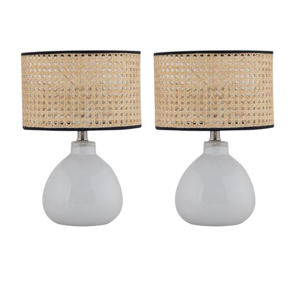 Set of 2 Tuscan - White Ceramic Lamps with Natural Cane Shade