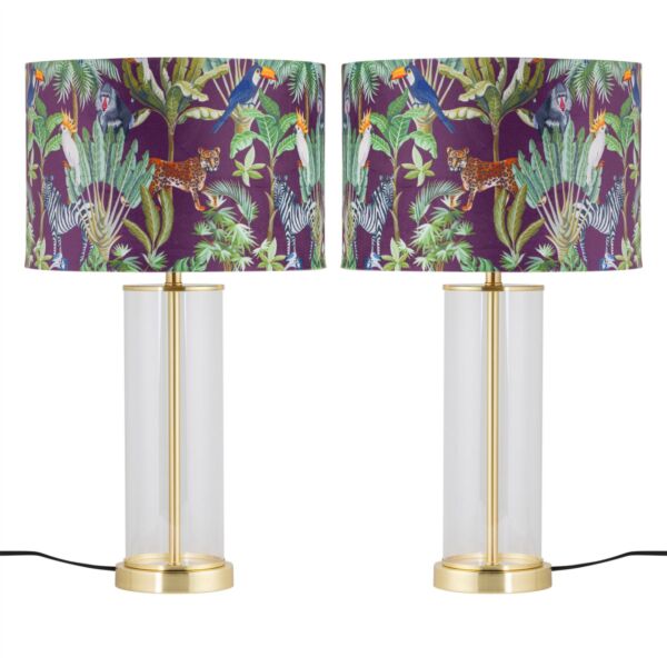 Set of 2 Aura - Satin Brass Lamps with Safari Velvet Shades