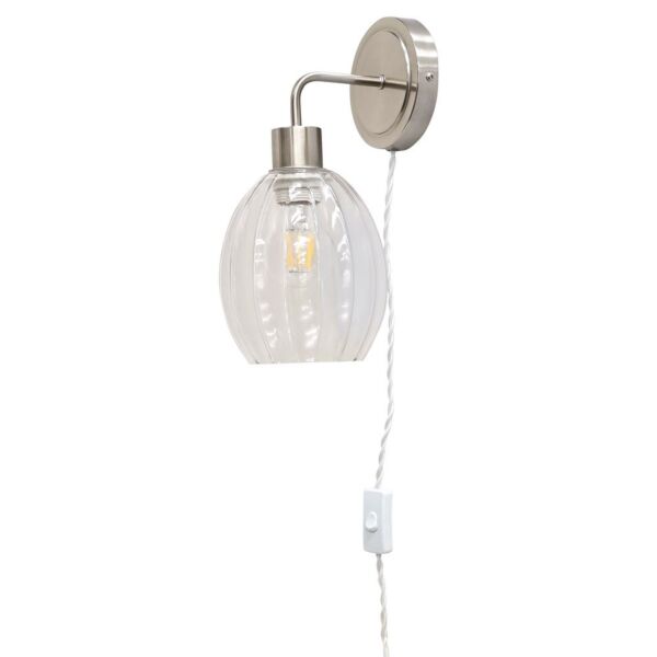 Toby - Satin Nickel Plug in Wall Light with Birch Fluted Glass Shade