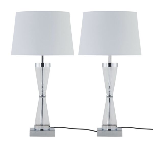 Set of 2 Chrome Touch Lamps with White Cotton Shades