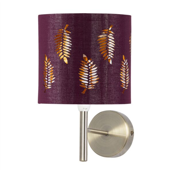 Brea - Antique Brass Wall Light with Burgundy Fern Shade