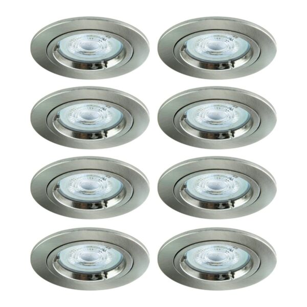 Set of 8 - Brushed Steel GU10 Fixed Recessed Downlights