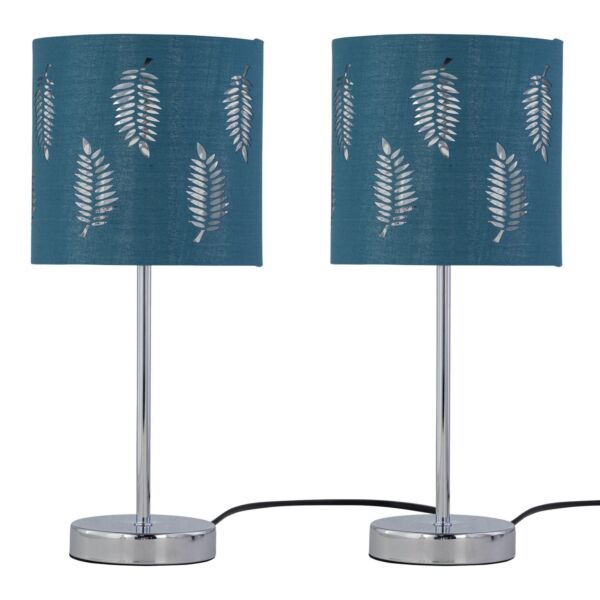 Set of 2 Chrome Touch Operated Table Lamps with Teal Fern Shades
