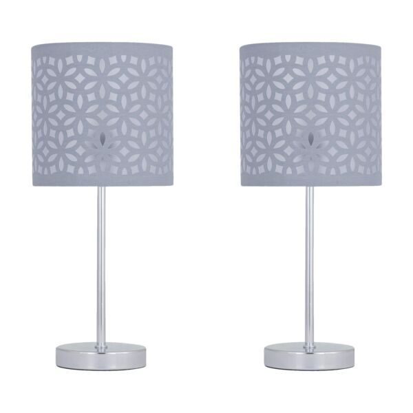Set of 2 Chrome Touch Operated Table Lamps with Grey Cut Out Shades