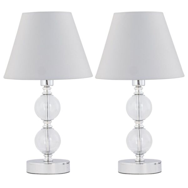 Set of 2 Chrome Two Ball Table Lamps with Ivory Off White Shades