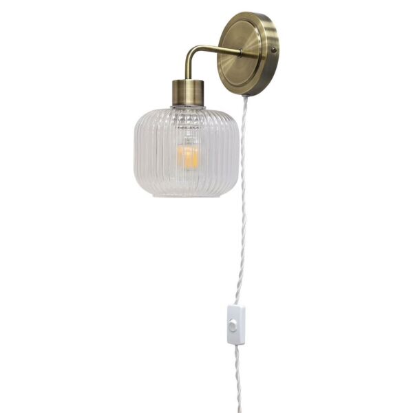 Toby - Antique Brass Plug in Wall Light with Batley Ribbed Glass Shade