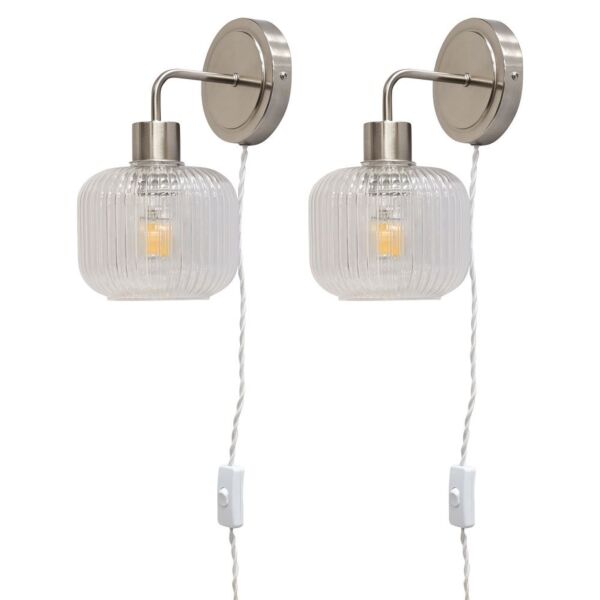 Set of 2 Toby - Satin Nickel Plug in Wall Lights Barrel Ribbed Glass