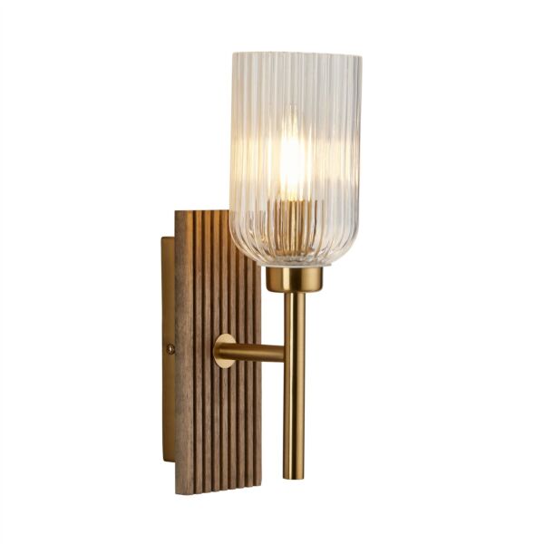Endon Lighting - Grove - 118365 - Vintage Brass Dark Wood Clear Ribbed Glass Wall Light