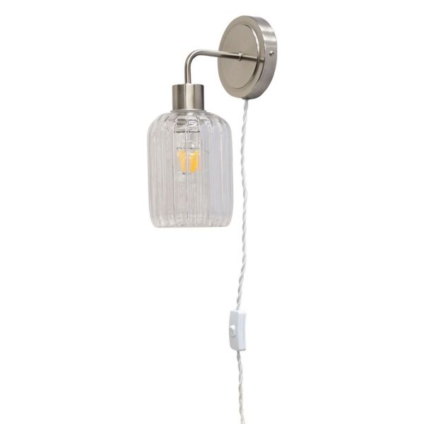 Toby - Satin Nickel Plug in Wall Light with Lozenge Ribbed Glass Shade