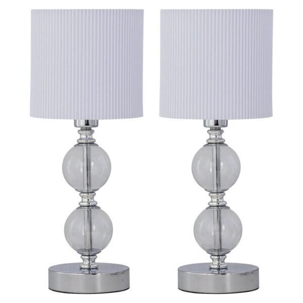 Set of 2 Chrome Two Ball Table Lamps with White Pleat Shades