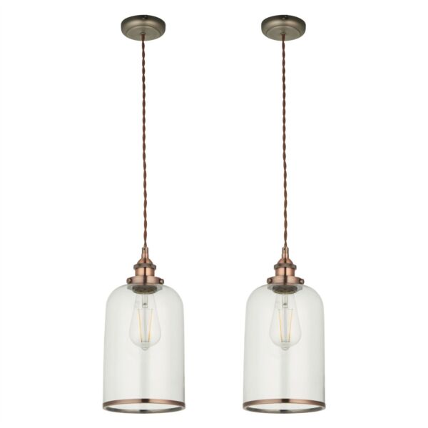 Set of 2 Broderick - Aged Copper Retro Glass Pendant Lights