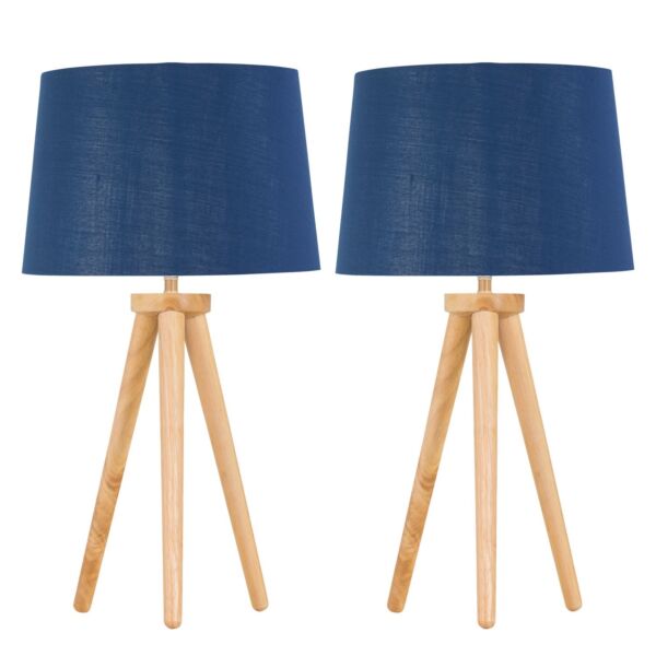 Set of 2 Light Oak Table Lamp or Bedside Lights with Navy Silver Shade