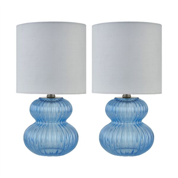 Walter - Set of 2 Blue Ribbed Glass 29cm Table Lamps with White Shade