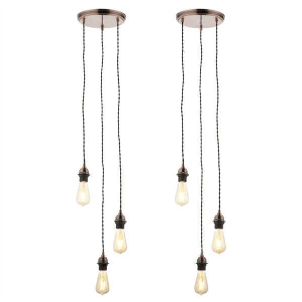 Set of 2 Antique Copper Vintage Braided Cable 3 Light Pendant Sets