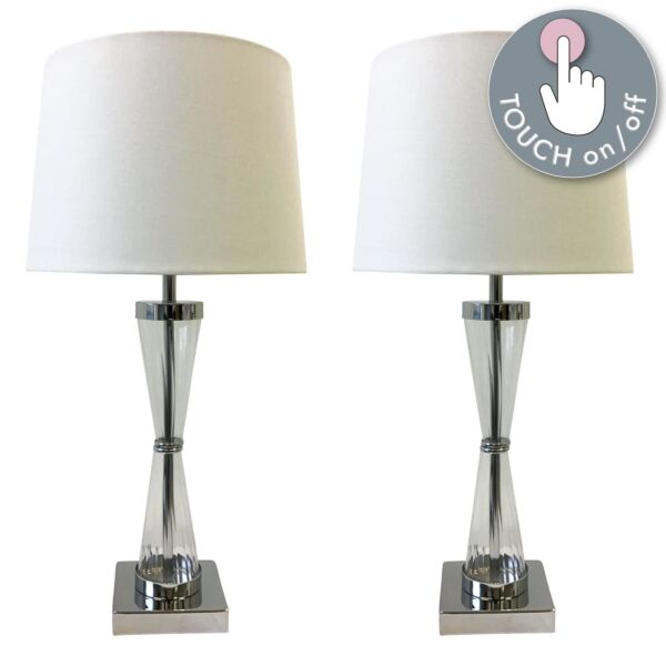 Set of 2 Chrome Touch Lamps with White Cotton Shades